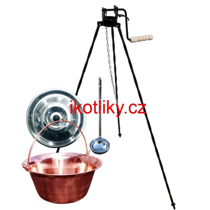 Měděný kotlík 14 L (1,2 mm) + poklice + stojan s kladkou VAR