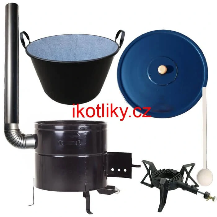 Zabijačkový smaltovaný kotel 50 L + kovová kotlina 50 cm + hořák 7 kW + kouřovod