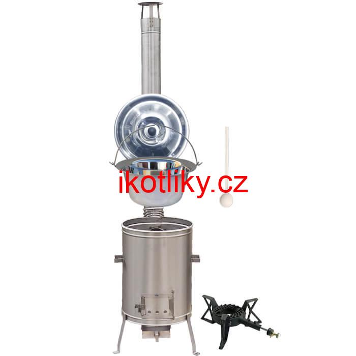 Nerezový kotlík 10 L (1,2 mm) + nerezová kotlina 36 cm + litinový hořák 7 kW, vařečka LUX