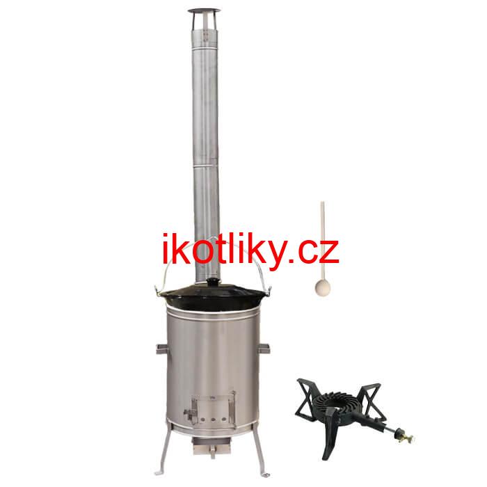 Smaltovaný kotlík 13 L (1,2 mm) + nerezová kotlina 36 cm + litinový hořák 7 kW, vařečka LUX