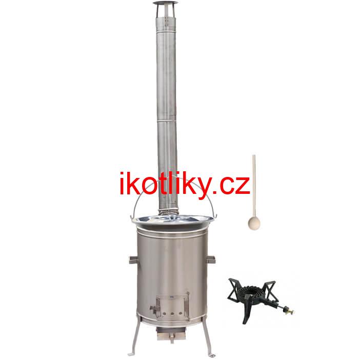 Nerezový kotlík 15 L (1,5 mm) + nerezová kotlina 36 cm + litinový hořák 7 kW, vařečka LUX