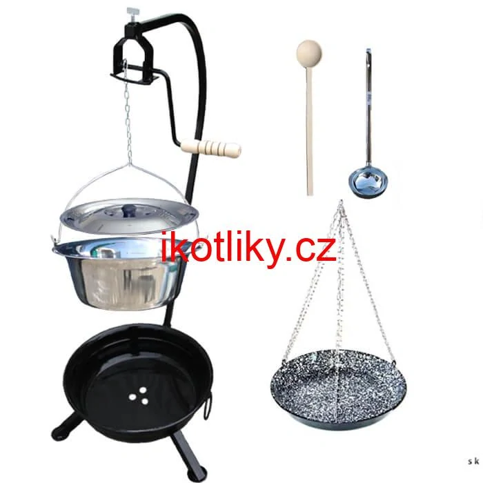 Nerezový kotlík 10 L (1,2 mm) INOX + smaltovaná pánev + ohniště se stojanem as pojistnou kladkou VAR