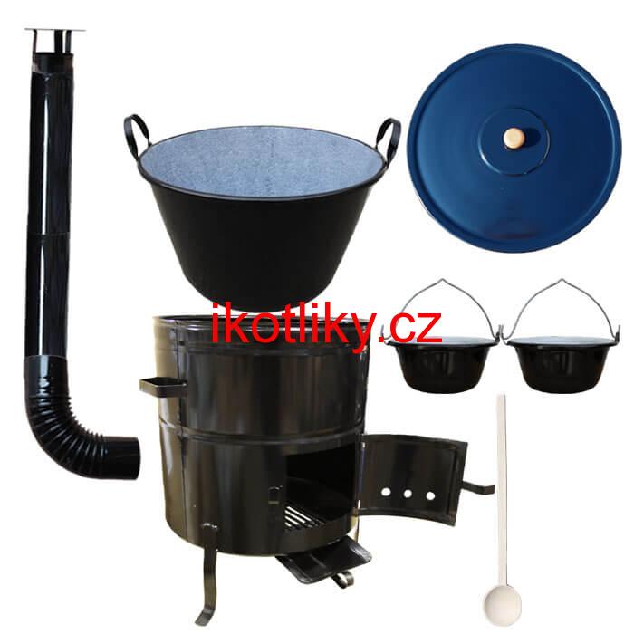 Zabijačkový smaltovaný kotel 80 L + kovová kotlina 58 cm + 2 servírovací kotlíky a kouřovod