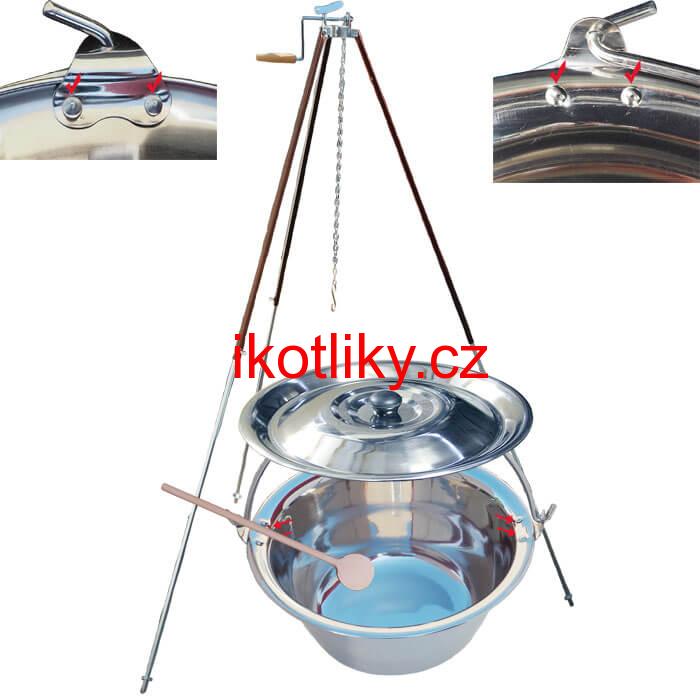 Nerezový kotlík 15 L (0,8 mm) s nýty + teleskopická trojnožka s pojistnou kladkou + poklice