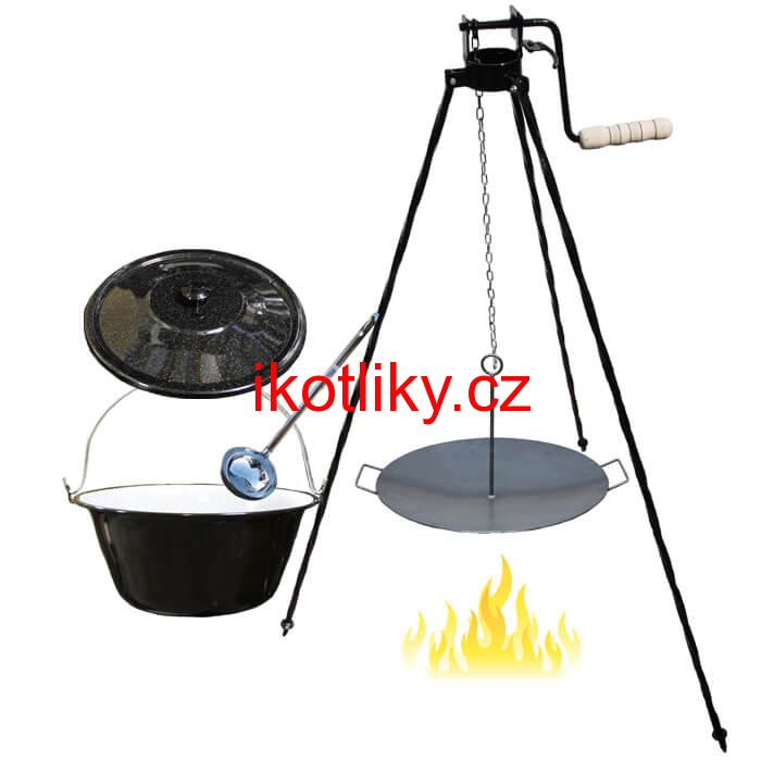 Smaltovaný kotlík 20 L (1,2 mm) + pánev na grilování a stojan s kladkou VAR