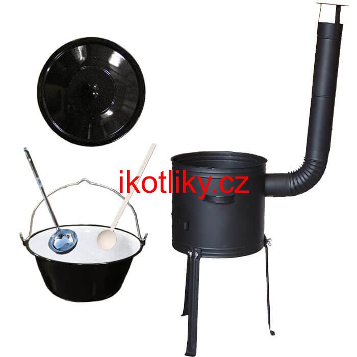 Smaltovaný kotlík 25 L + kovová kotlina s vysokými nožičkami 42 cm , žáruvzdorná barva Plus 700 + vařečka a naběračka