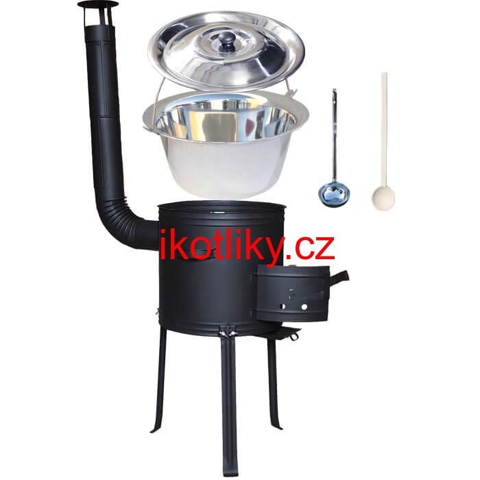 Nerezový kotlík 20 L (1,2 mm) + kovová kotlina s vysokými nožičkami 42 cm, žáruvzdorná barva Plus 700 + vařečka a naběračka