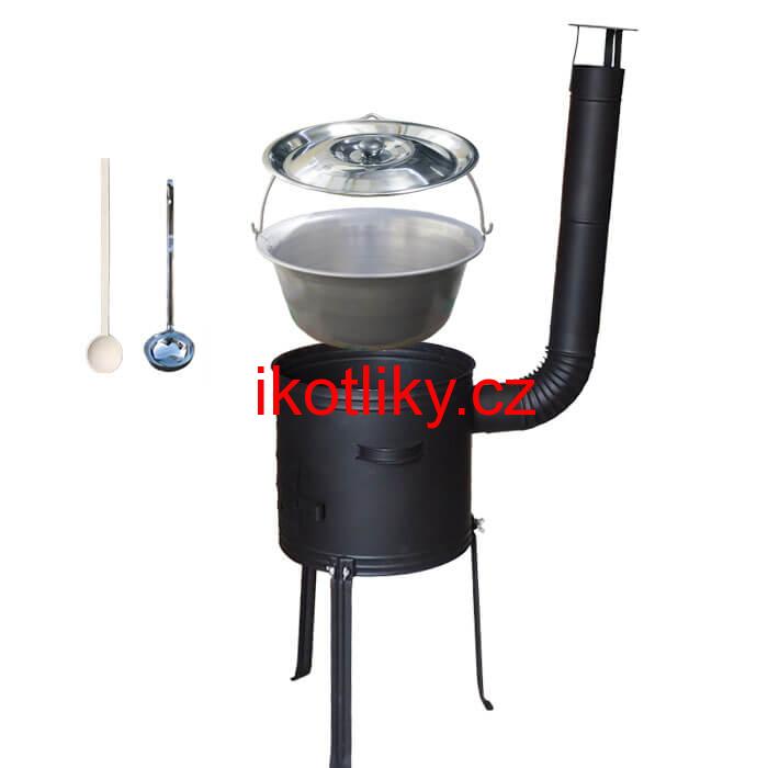 Nerezový kotlík 15 L (1,5 mm) + kovová kotlina s vysokými nožičkami 36 cm, žáruvzdorná barva Plus 700 + vařečka a naběračka