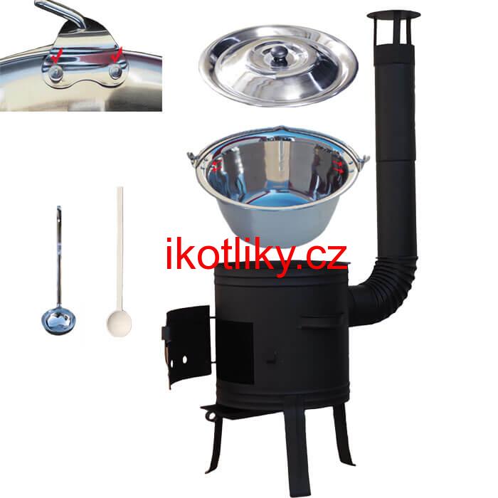 Nerezový kotlík 10 L (0,8 mm) s nýty + nízká žáruvzdorná kotlina 33 cm PLUS 700 + vařečka a naběračka