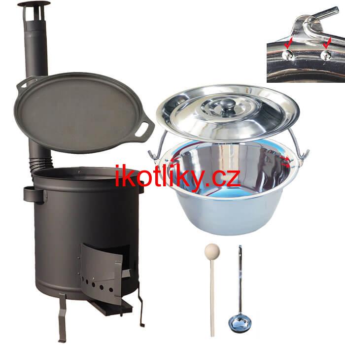 Nerezový kotlík 20 L (0,8 mm) zesílený s nýty + Litinová pánev 43 cm + silnostěnná (1,5 mm) a žáruvzdorná kotlina 42 PLUS 600