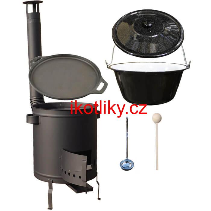 Smaltovaný kotlík 20 L (1,2 mm) + Litinová pánev 43 cm + silnostěnná (1,5 mm) a žáruvzdorná kotlina 42 PLUS 600