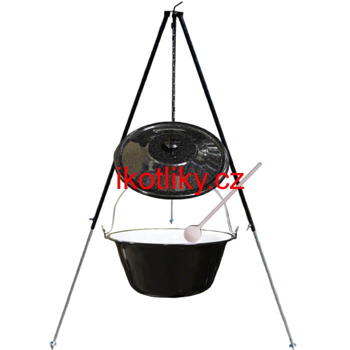 Smaltovaný kotlík 40 L + poklice + teleskopicka trojnožka 1,7 m