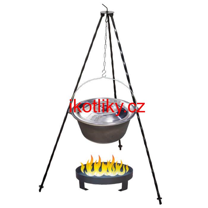 Litinový kotlík 10,8 L + nerezová poklice  + trojnožka 1,2 m + ohniště 36 cm