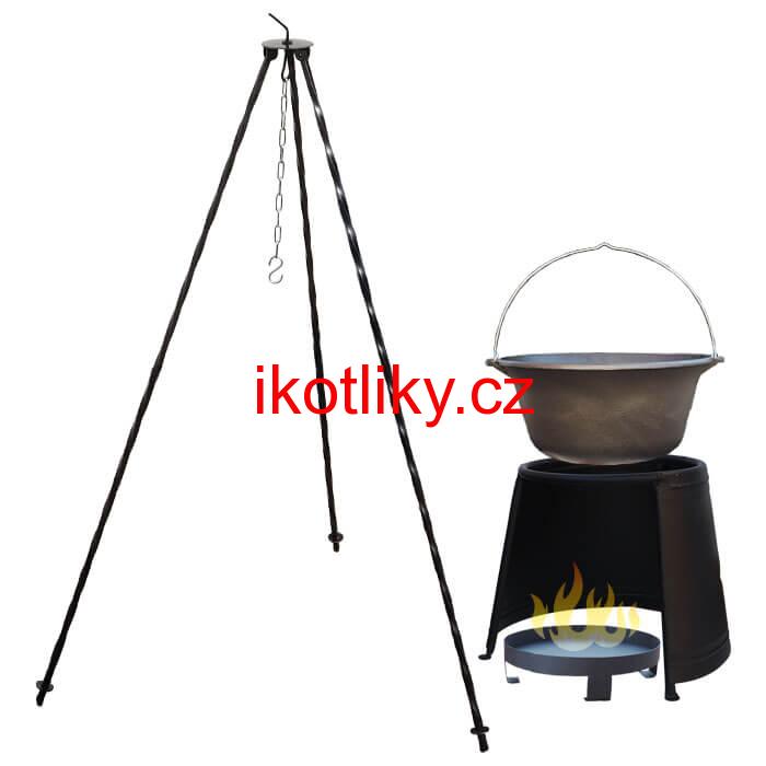 Litinový kotlík 7,2 L + chránič plamene 32 cm + ohniště 36 cm + trojnožka 1,2 m