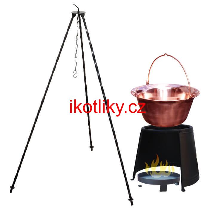 Měděný kotlík 14 L (1,2 mm) + chránič plamene 37 cm + ohniště 36 cm + trojnožka 1,2 m