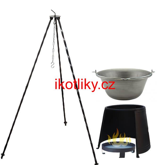 Železný kotlík 14 L (0,75 mm) + chránič plamene 37 cm + ohniště 36 cm + trojnožka 1,2 m