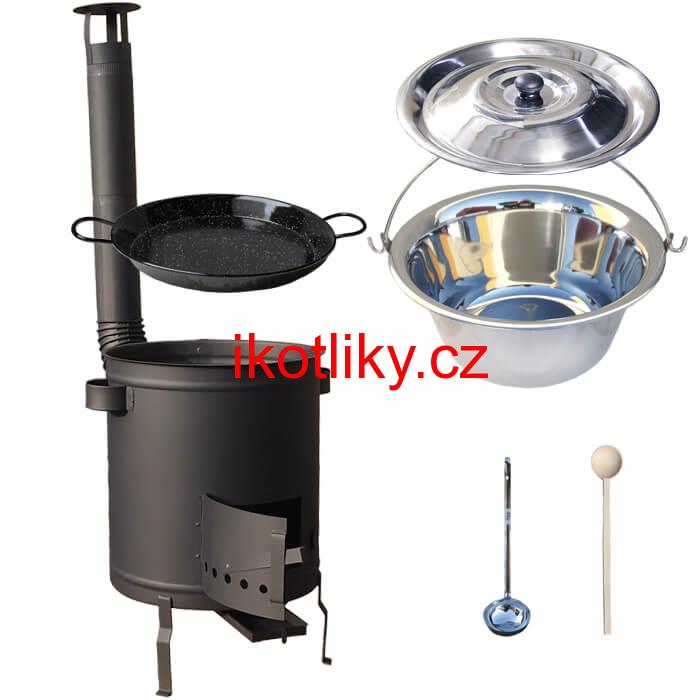 Nerezový kotlík 14 L (0,8 mm) + Paella pánev 38 cm + silnostěnná (1,5 mm) žáruvzdorná kotlina (1,5 mm) 36 PLUS 600