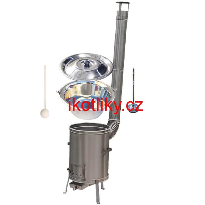 Nerezový kotlík 30 L (0,8 mm) zesílený s nýty + nerezová kotlina 45 cm LUX + vařečka a naběračka