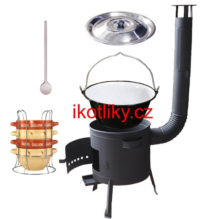 Smaltovaný kotlík 25 L (1,2 mm) + misky na guláš 4 ks + nízká žáruvzdorná kotlina 42 PLUS 600