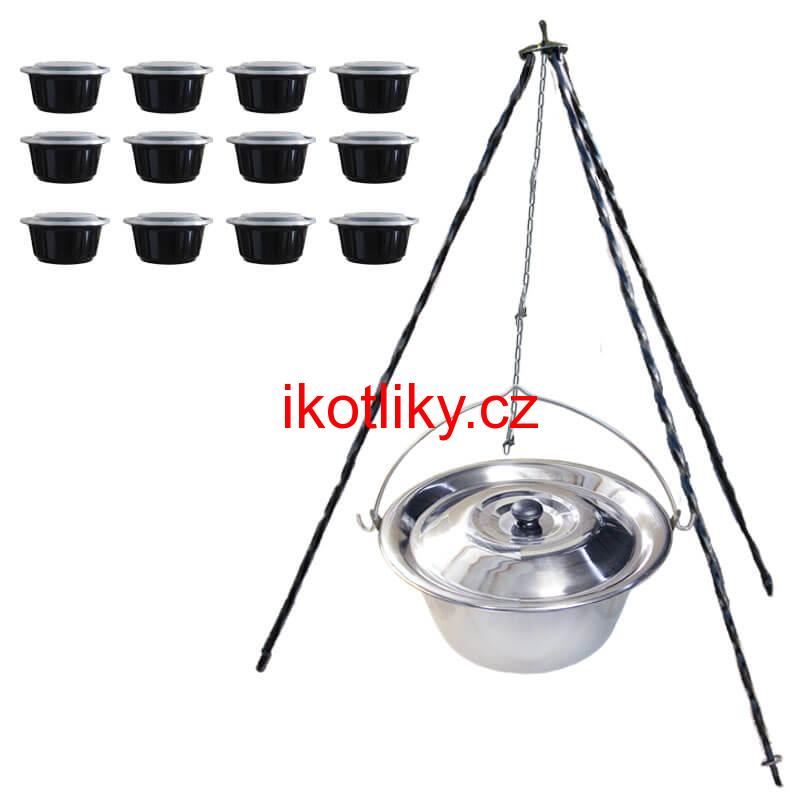 Nerezový kotlík 14 L (0,8 mm) INOX + poklice + trojnožka 1,20 m + misky 12 ks