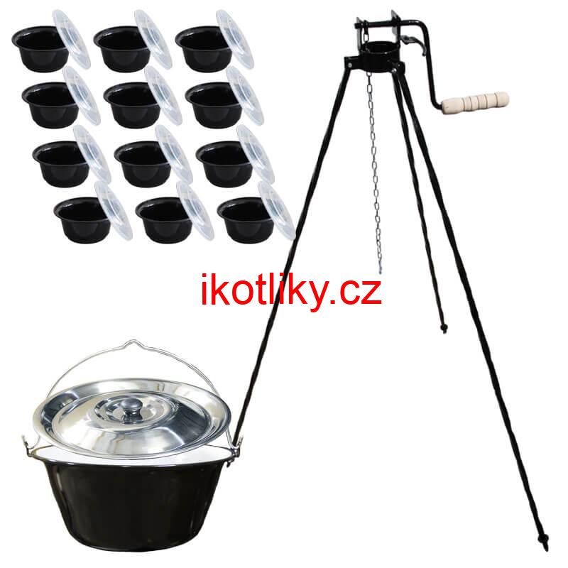 Smaltovaný kotlík 20 L + stojan s kladkou VAR + misky 12 ks