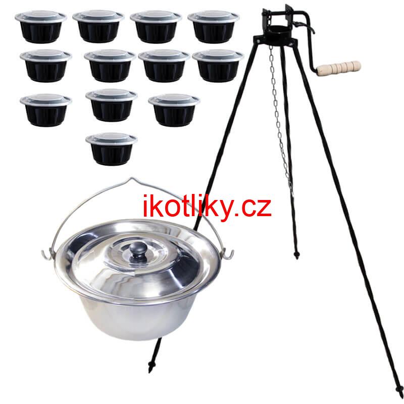 Nerezový kotlík 20 L (0,8 mm) INOX + stojan s kladkou VAR + misky 12 ks