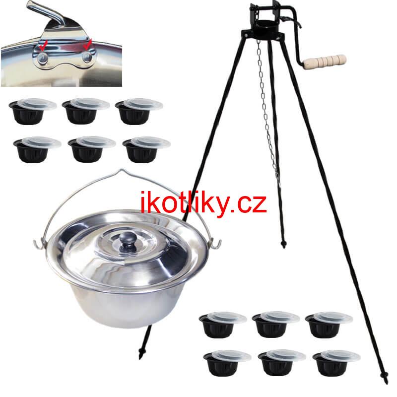 Nerezový kotlík 15 L (0,8 mm) s nýty + stojan s kladkou VAR + misky 12 ks