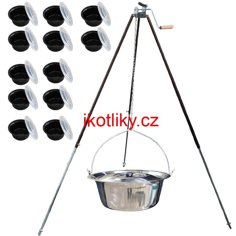 Nerezový kotlík 20 L (1,2 mm) + teleskopická trojnožka s pojistnou kladkou + misky 12 ks