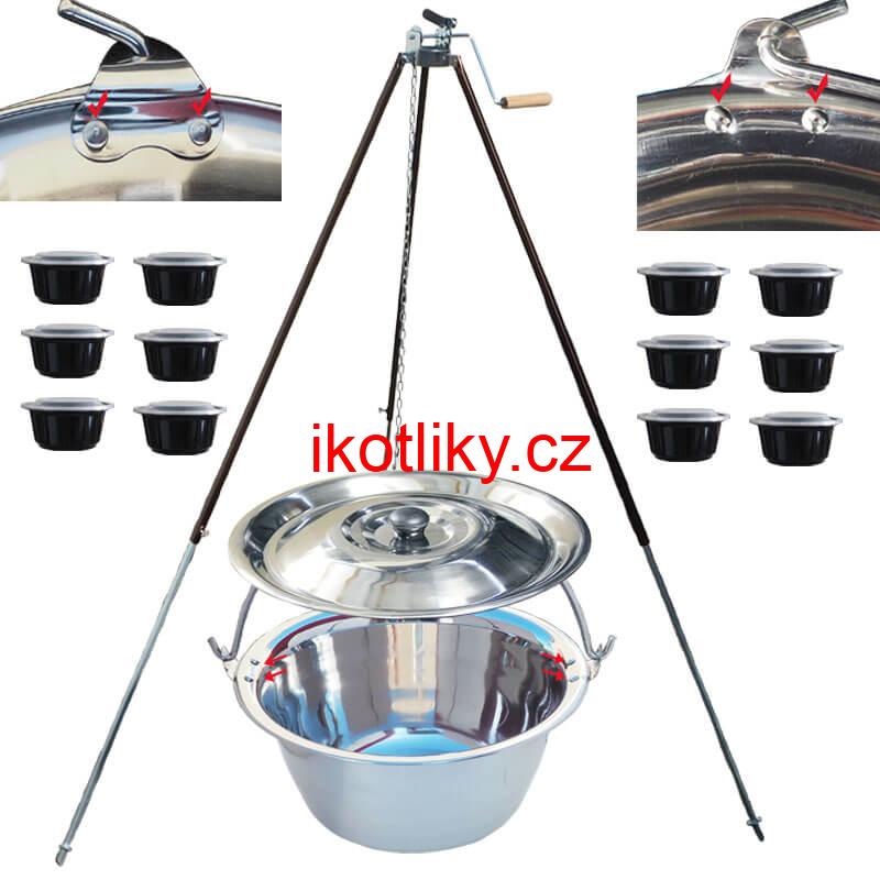 Nerezový kotlík 30 L (0,8 mm) s nýty + teleskopická trojnožka s pojistnou kladkou + misky 12 ks