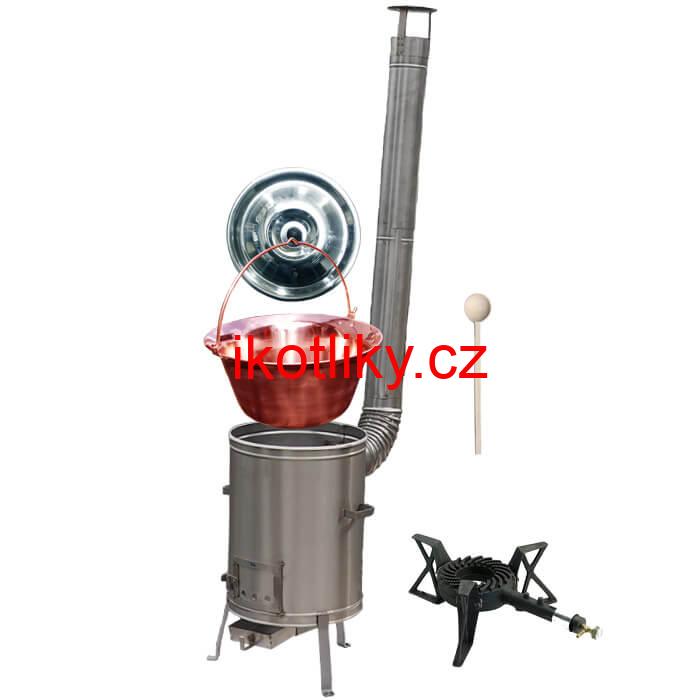 Měděný kotlík 30 L (1,2 mm) + nerezová kotlina 42 cm + litinový hořák 7 kW, vařečka LUX