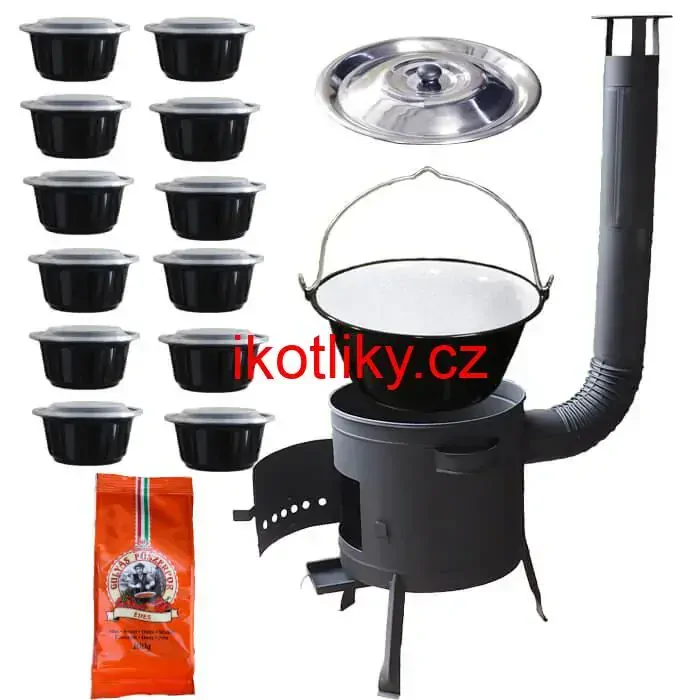 Smaltovaný kotlík 25 L (1,2 mm) + silnostěnná (1,5 mm) žáruvzdorná kotlina BALKY STRONG 42 PLUS 600 + misky 12 ks + paprikové koření na guláš 100 g