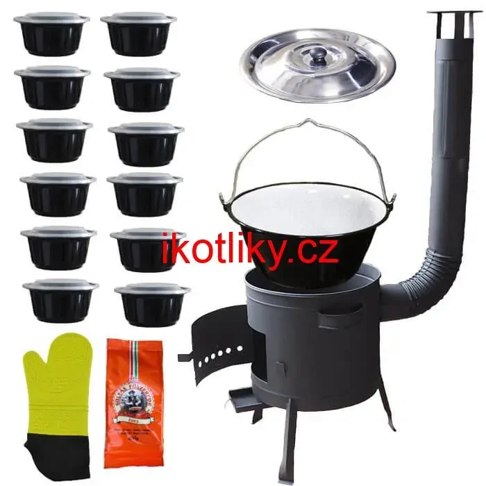 Smaltovaný kotlík 22 L (1,2 mm) + misky 12 ks + nízká žáruvzdorná kotlina (1,5 mm) 42 PLUS 600