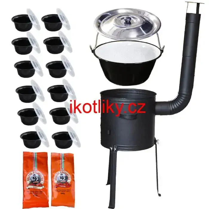 Smaltovaný kotlík 22 L (1,2 mm) + žáruvzdorná kotlina 42 cm Plus 700 + misky 12 ks + 2 x pepř na guláš 100 g