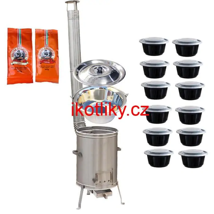 Nerezový kotlík 22 L (0,8 mm) INOX + vysoká žáruvzdorná kotlina 42 cm PLUS 600 + misky 12 ks + 2 x pepř na guláš 100 g