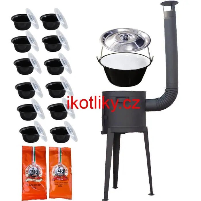 Smaltovaný kotlík 22 L (1,2 mm) + vysoká žáruvzdorná kotlina (1,5 mm) HODO 42 cm PLUS 600 + misky 12 ks + 2 x pepř na guláš 100 g