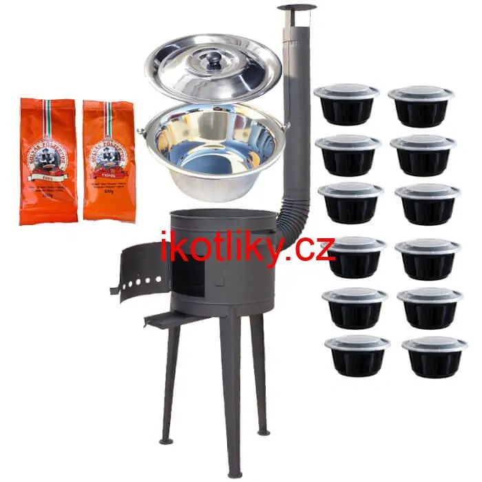 Nerezový kotlík 22 L (0,8 mm) INOX + vysoká žáruvzdorná kotlina (2,0 mm) HODO 42 cm PLUS 600 + misky 12 ks + 2 x pepř na guláš 100 g