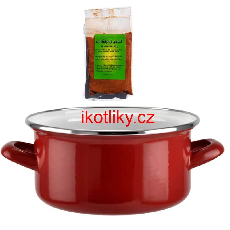 Smaltovaný kastrol s poklicí 1,5 L červený + pikantní směs koření 50 g Kotlíkový guláš