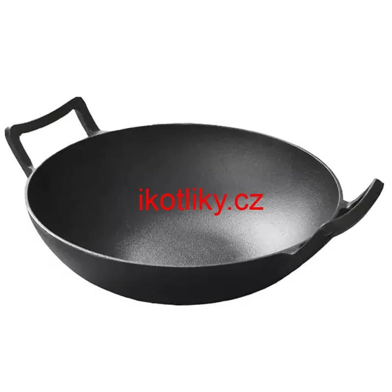 Litinový čínský wok 36,5 cm s dřevěnou poklicí