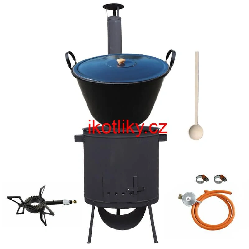Smaltovaný kotel 60 L na zabijačku + žáruvzdorná kotlina 53 PLUS 600 4 MM + hořák 7,5 kW + vařečka