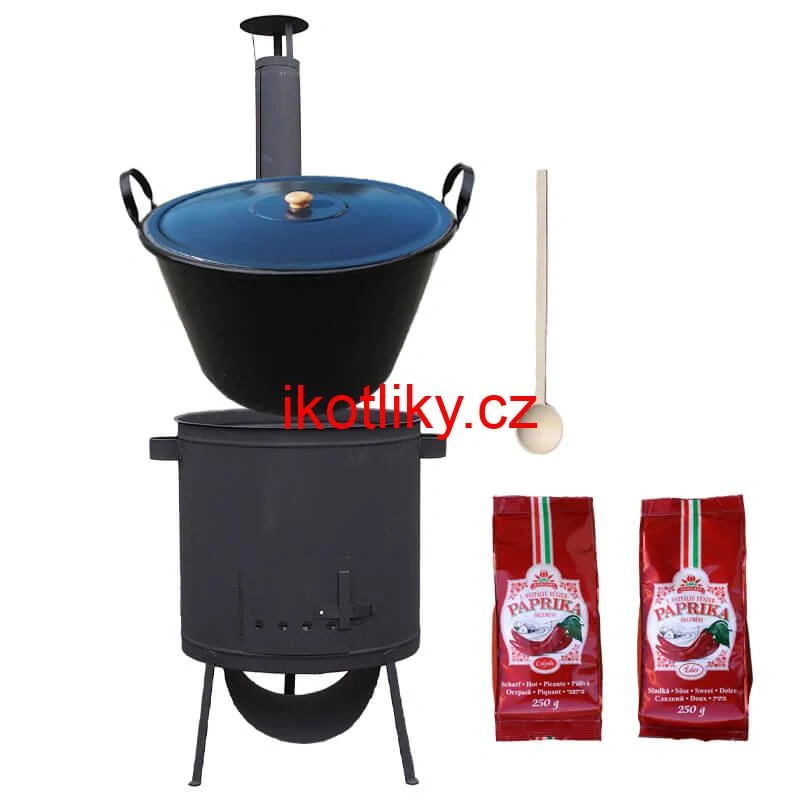 Smaltovaný kotel 60 L na zabijačku + žáruvzdorná kotlina 53 PLUS 600 4 MM + sladká a pálivá paprika (2 x 250 g) + vařečka