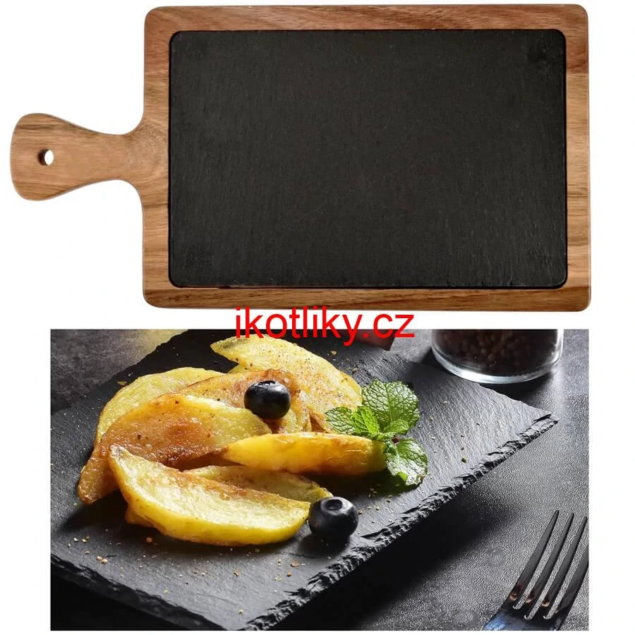 Servírovací podnos s břidlicovou deskou a rukojetí z akáciového dřeva 26 x 18 cm