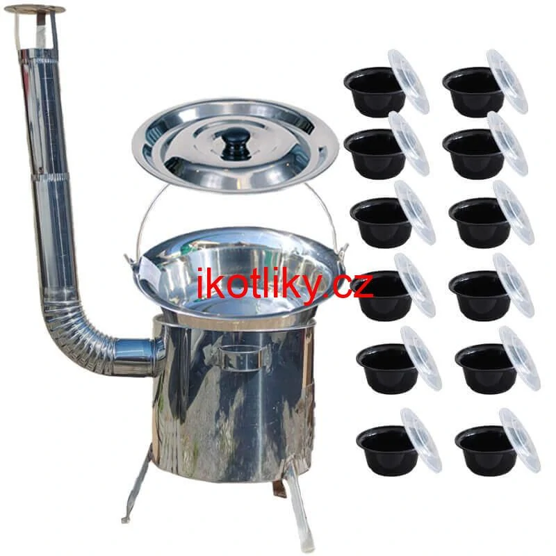 Nerezový kotlík 14 L (0,8 mm) INOX + Nerezová kotlina 36 INOX LUSTRO + misky 12 ks