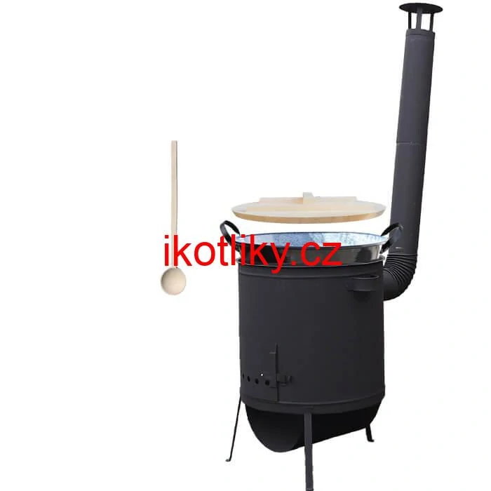 Zabijačkový smaltovaný kotel 100 L, žáruvzdorná kotlina 42 PLUS 600 4 MM, dřevěná poklice + vařečka