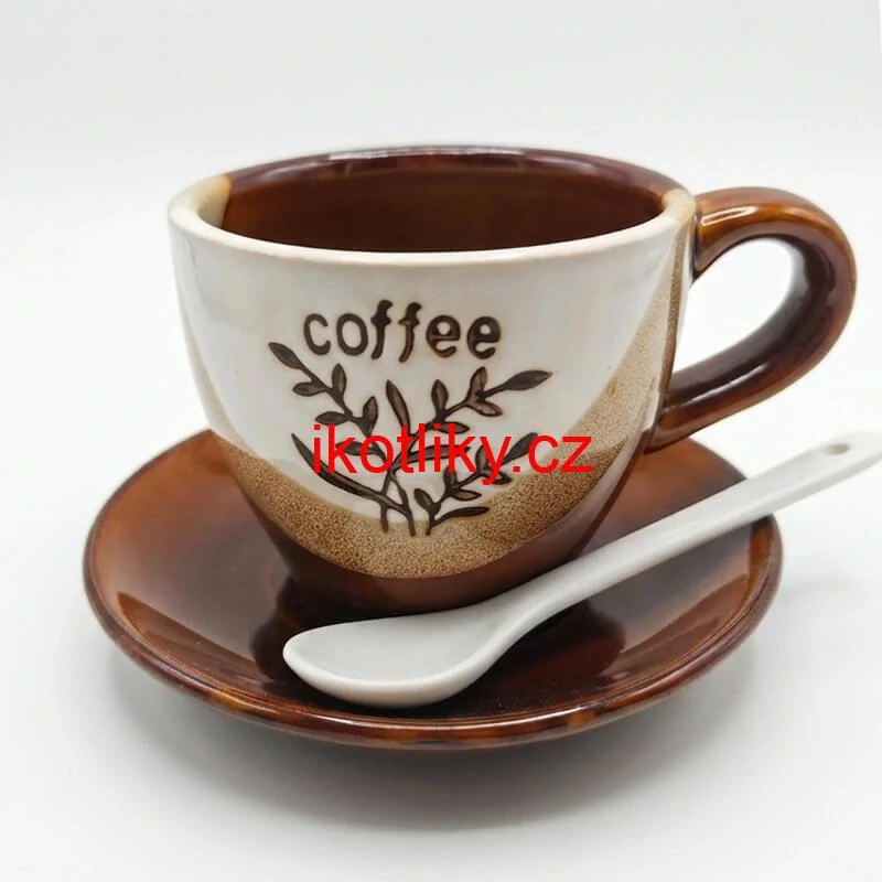 Keramický hrnek na kávu 100 ml s podšálkem a lžičkou COFFEE 1 ks