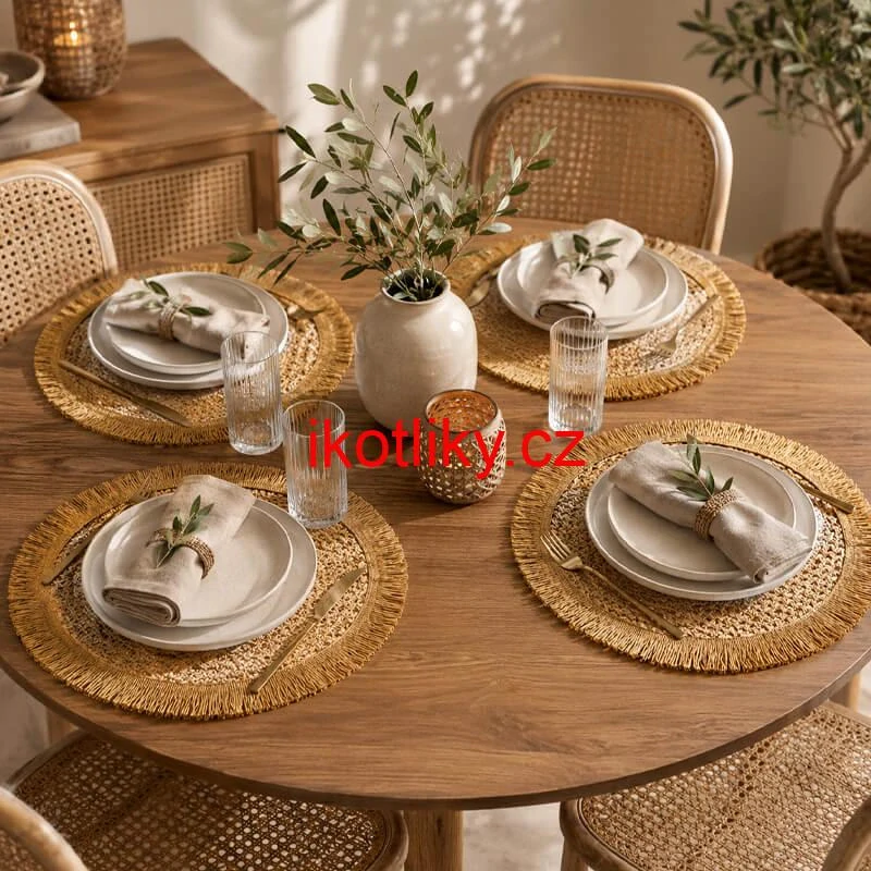 Kulaté přírodní podložky pod talíř se třásněmi 37 cm, 4 ks