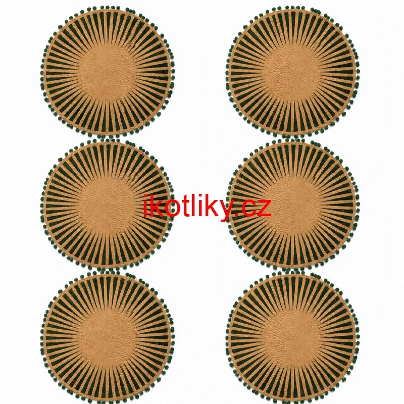 Kulaté jutové podložky pod talíř zelené s bambulkami 37 cm, 6 ks