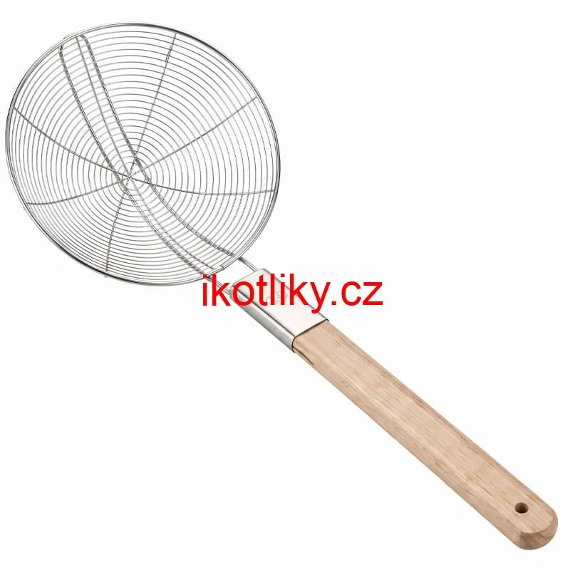 Velké nerezové sítko 22,5 cm s dřevěnou rukojetí – délka 56,5 cm
