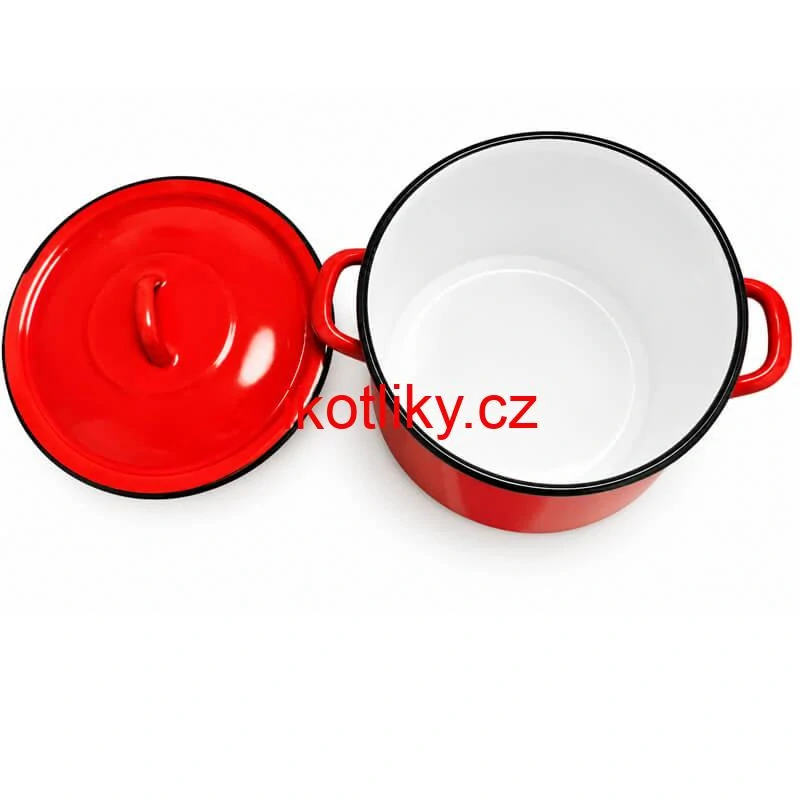 Červený hrnec FALCO s poklicí opřenou vedle nádoby