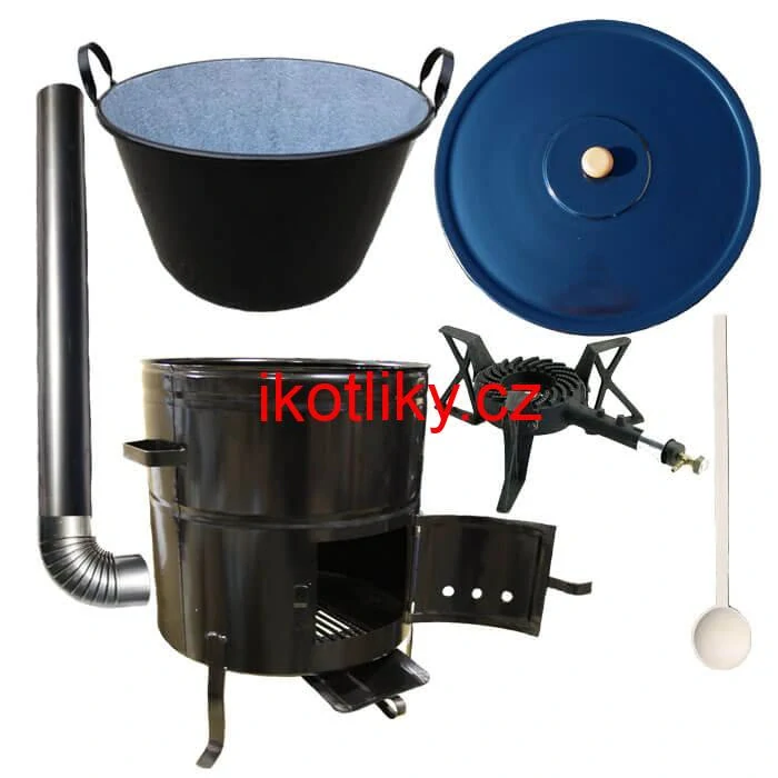 Zabijačkový smaltovaný kotel 70 L + kovová kotlina 56 cm + hořák 7 kW + kouřovod