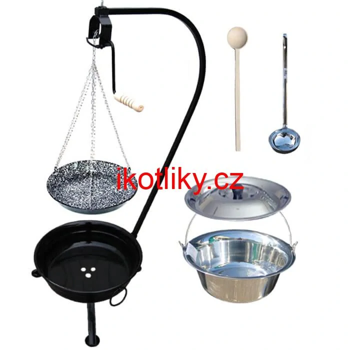 Nerezový kotlík 10 L (1,2 mm) INOX + smaltovaná pánev + ohniště se stojanem as pojistnou kladkou VAR